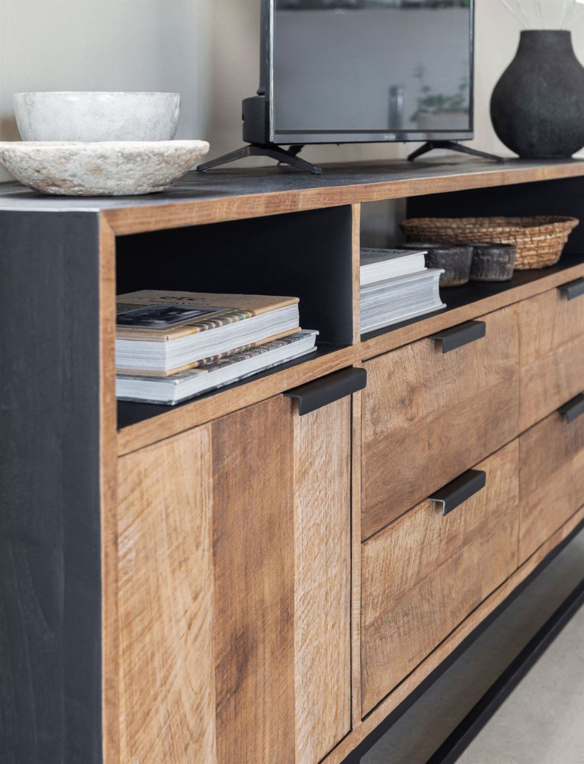 Sideboard mit Schubladen schwarz Naturholz, Anrichte Holz Naturholz, Wohnzimmerschrank Metall-Gestell, Breite 200 cm