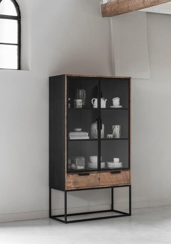 Vitrine schwarz-Naturholz, Geschirrschrank schwarz, Schrank schwarz, Breite 100 cm