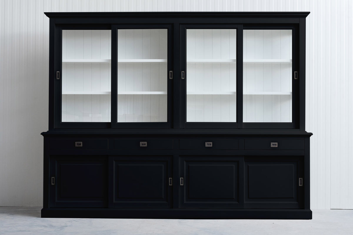 Vitrine schwarz Landhaus, Geschirrschrank schwarz-weiß Landhaus, Vitrinenschrank schwarz Landhausstil, Breite 300 cm