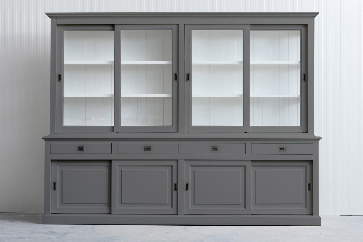 Vitrine grau Landhaus, Geschirrschrank grau-weiß Landhaus, Vitrinenschrank grau Landhausstil, Breite 300 cm