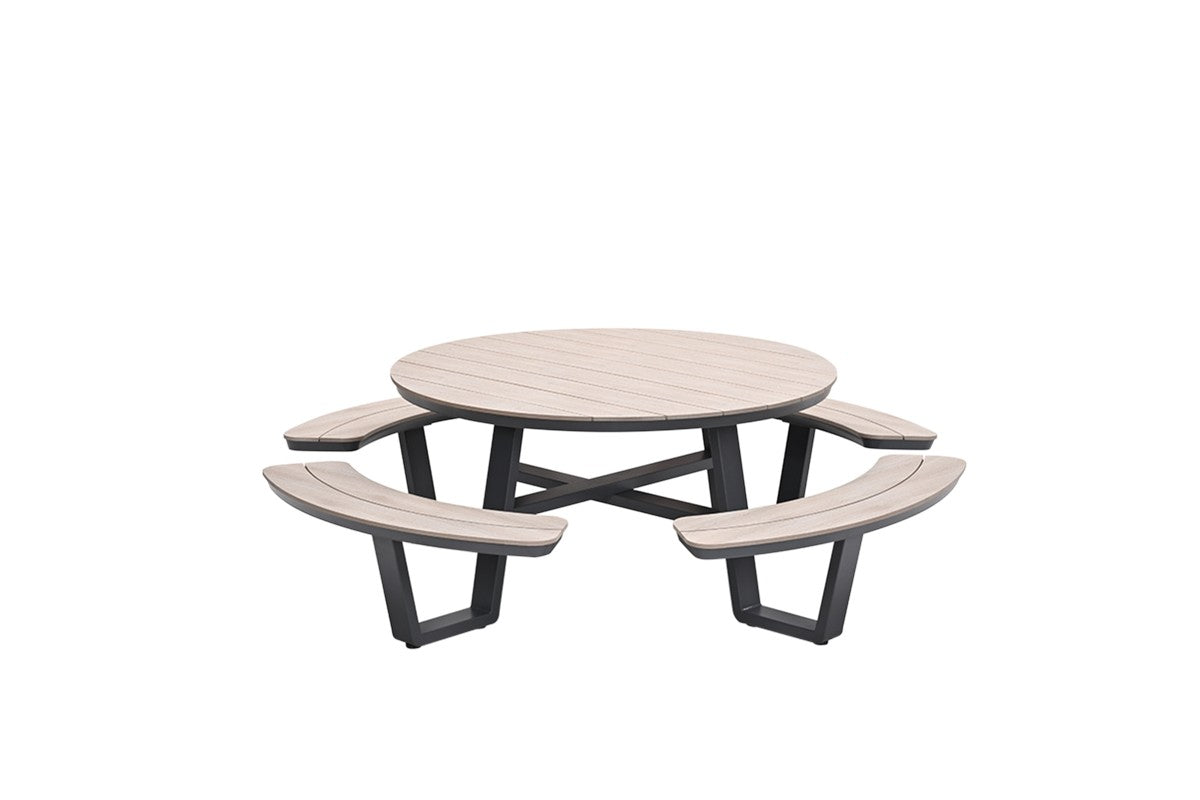 Picknicktisch rund mit Picknickbank braun, Sitzgruppe rund anthrazit, Picknick Gartentisch rund mit Bank braun-anthrazit, Durchmesser 148 cm