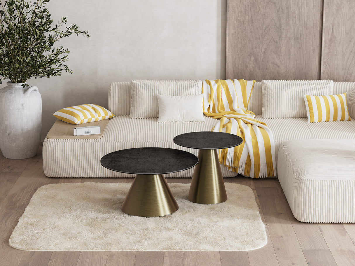 Beistelltische 2er Set Keramik, Keramik Couchtisch braun rund Keramik, runder Couchtisch Gold Keramik, Durchmesser 55-75 cm