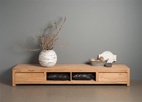 TV Schrank Teakholz Naturholzfarbe 240 cm, Fernsehschrank Massivholz mit Schublade Naturholz-braun, Länge 240 cm