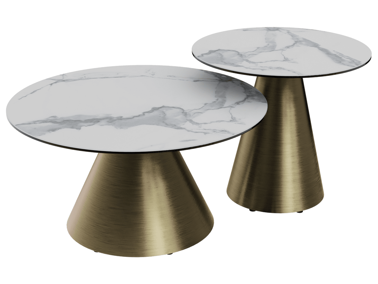 Couchtische 2er Set Keramik, Keramik Beistelltisch Gold Keramik Marmoroptik, runder Couchtisch Gold Keramik, Durchmesser 55-75 cm