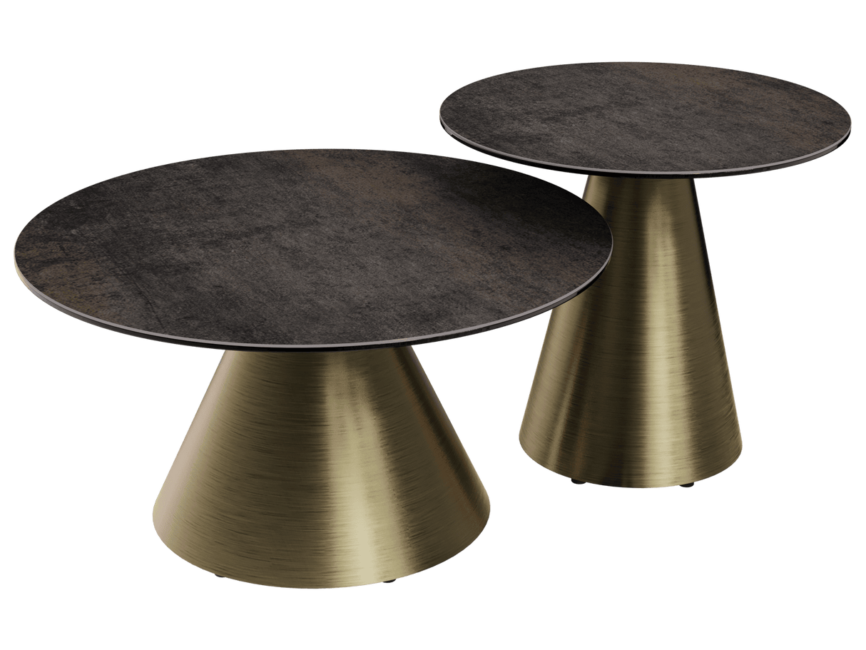 Beistelltische 2er Set Keramik, Keramik Couchtisch braun rund Keramik, runder Couchtisch Gold Keramik, Durchmesser 55-75 cm