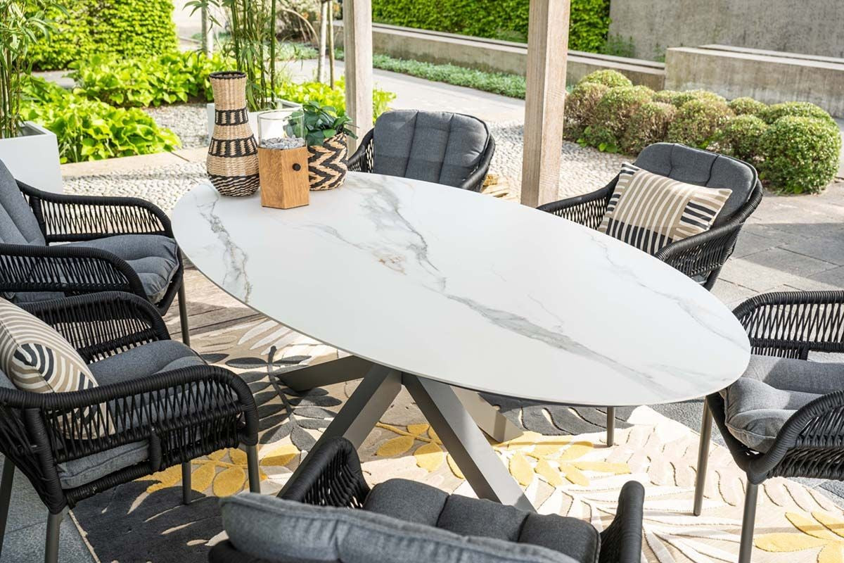 Gartentisch oval weiß-grau, Gartentisch Keramik-Verbundstoff weiß-Marmoroptik, Länge 230 cm