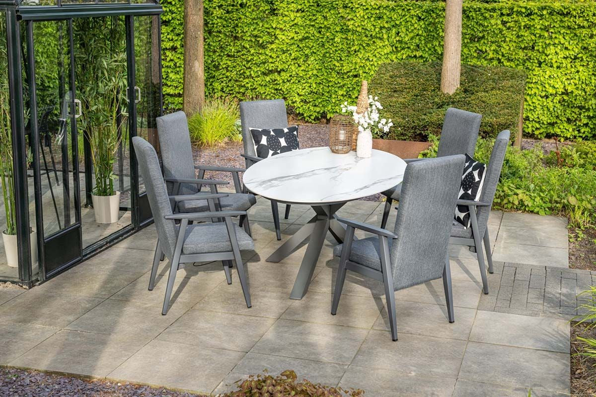 Gartentisch oval weiß-grau, Gartentisch Keramik-Verbundstoff weiß-Marmoroptik, Länge 230 cm