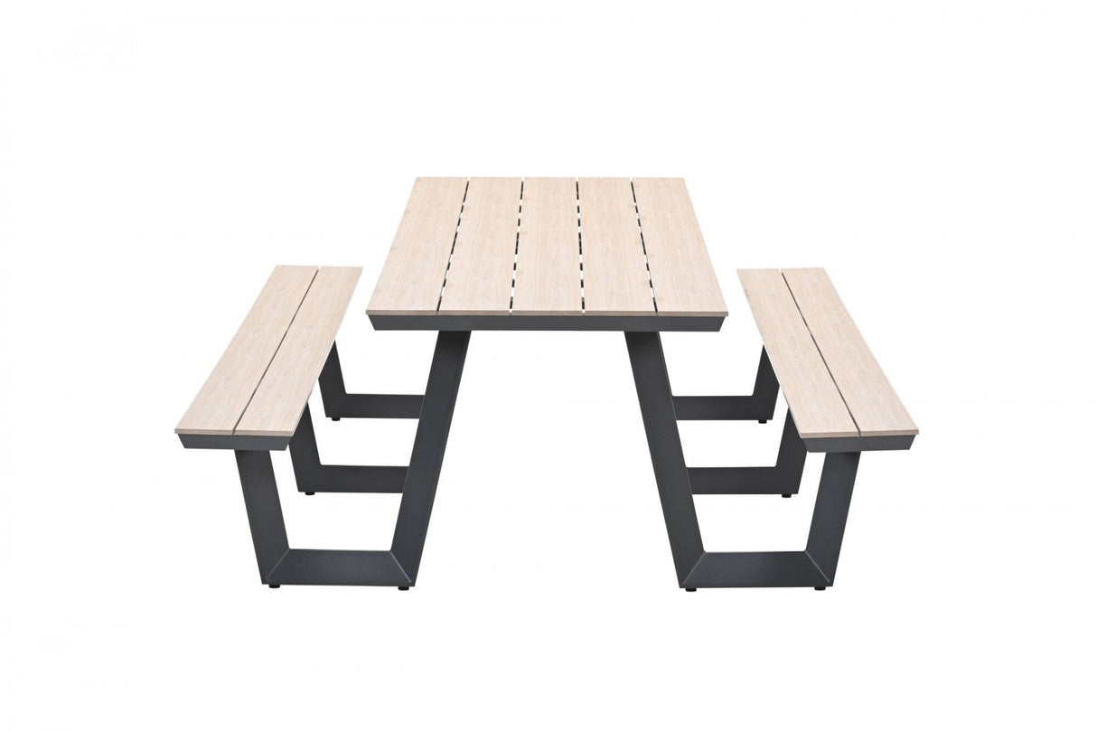 Gruppensitzbank grau, Sitzgruppe Aluminium anthrazit, Picknick Gartentisch mit Bank anthrazit, Länge 280 cm