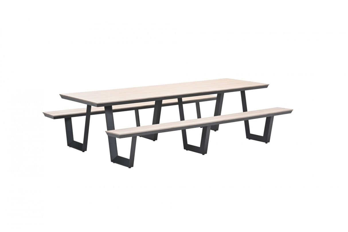 Gruppensitzbank grau, Sitzgruppe Aluminium anthrazit, Picknick Gartentisch mit Bank anthrazit, Länge 280 cm