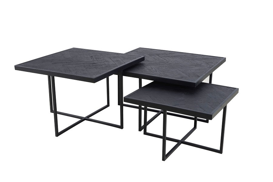 Couchtisch Fischgrätenmuster schwarz 3er Set, Couchtisch Eiche schwarz quadratisch, Maße 50-60-70 cm