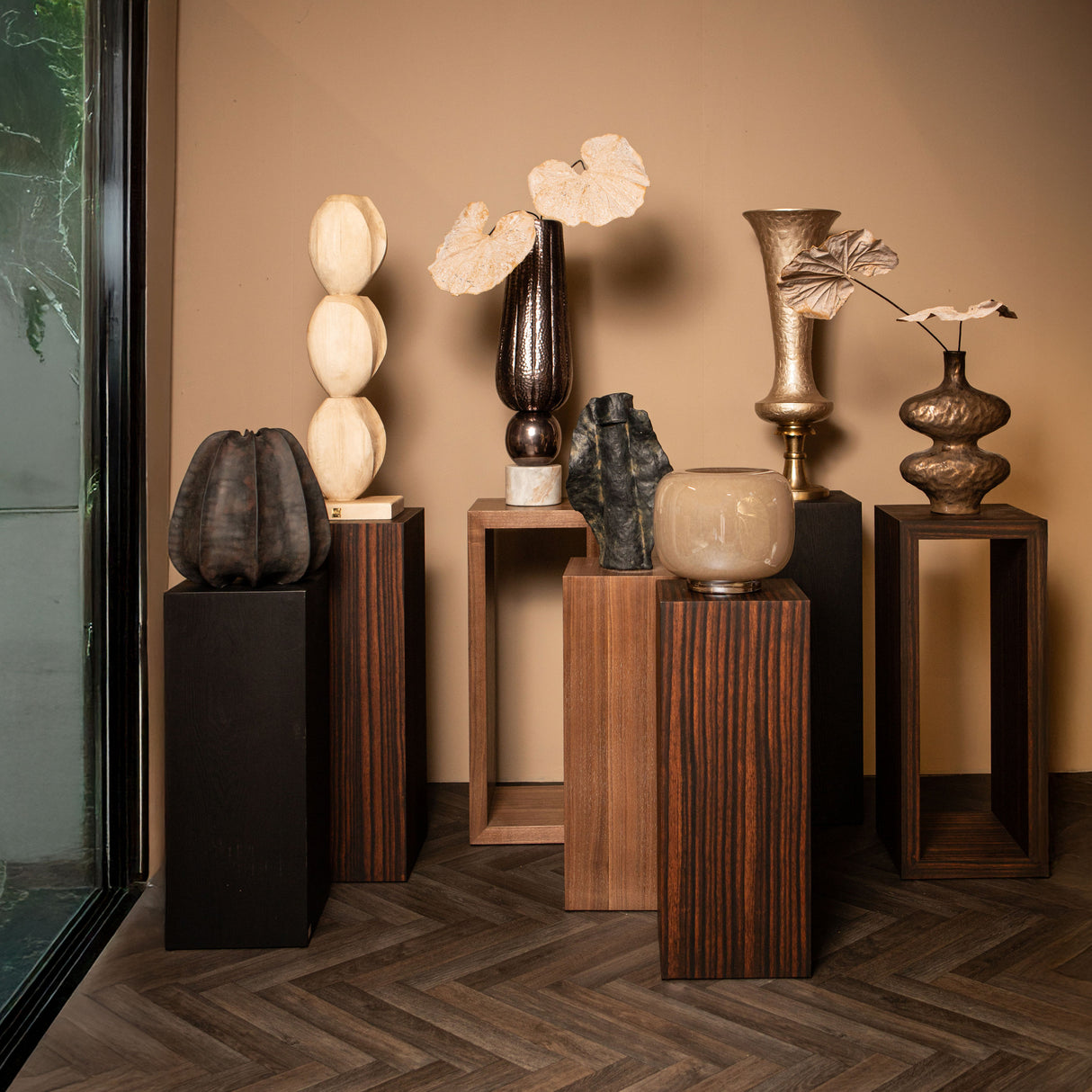 Dekosäule braun Holz, Holz Säule braun 2er Set, Höhe 70-85 cm