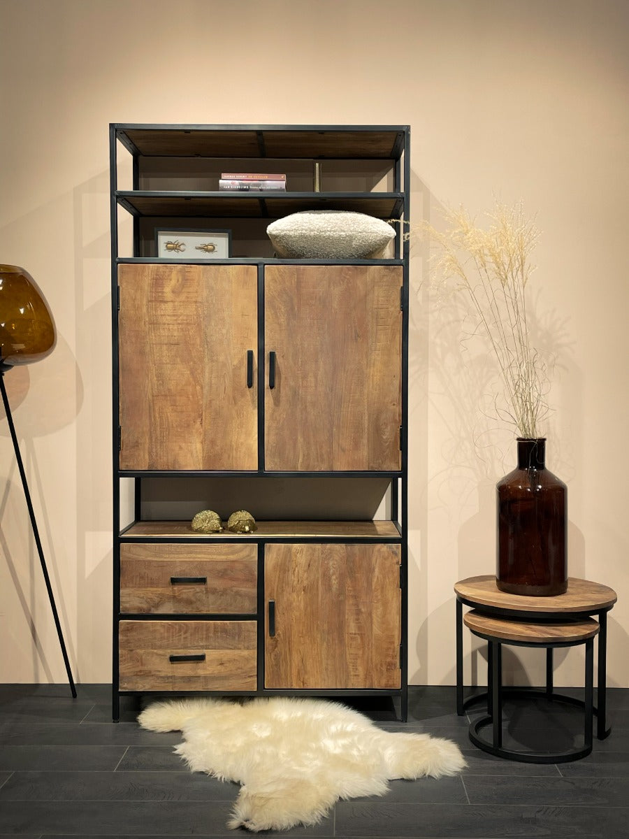 Schrank schwarz-braun Industriedesign, Bücherschrank Holz Metall, Aktenschrank Holz Industrie, Regal-Schrank schwarz,  Breite 100 cm