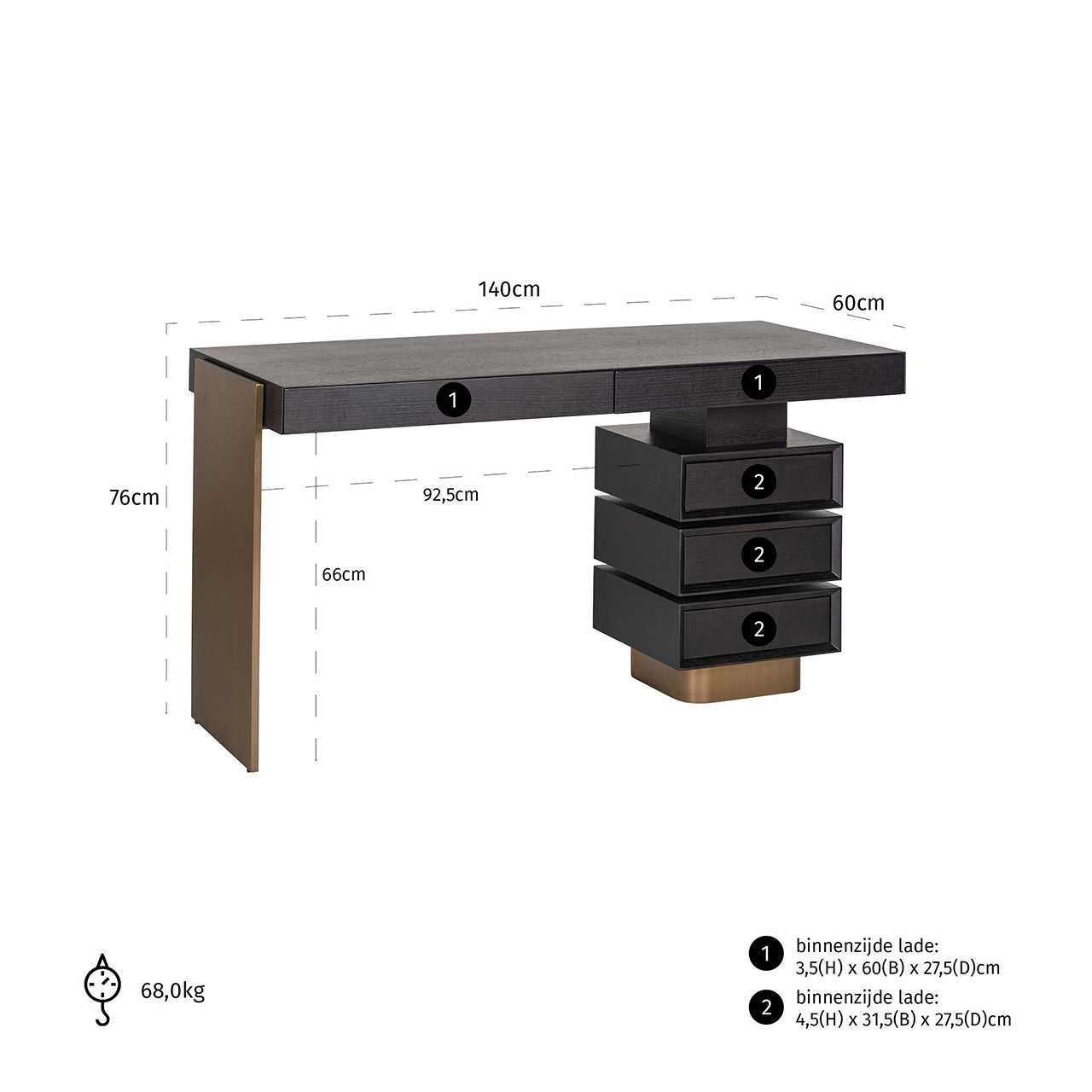 Schreibtisch schwarz-Gold, Schminktisch Gold-schwarz, Breite 140 cm