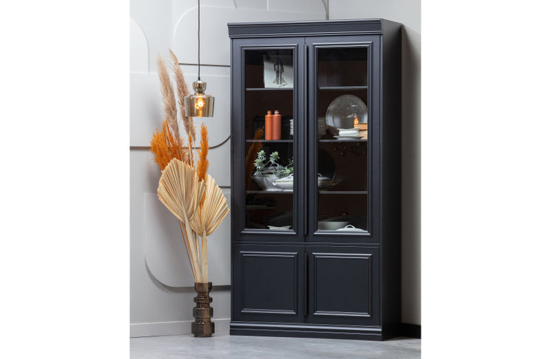 Vitrine schwarz, Geschirrschrank schwarz, Bücherschrank schwarz, Breite 110 cm