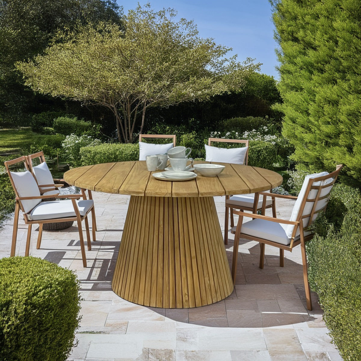 Gartentisch rund Massivholz, runder Esstisch Holz-Gartentisch, Holztisch rund Outdoor, Durchmesser 150 cm