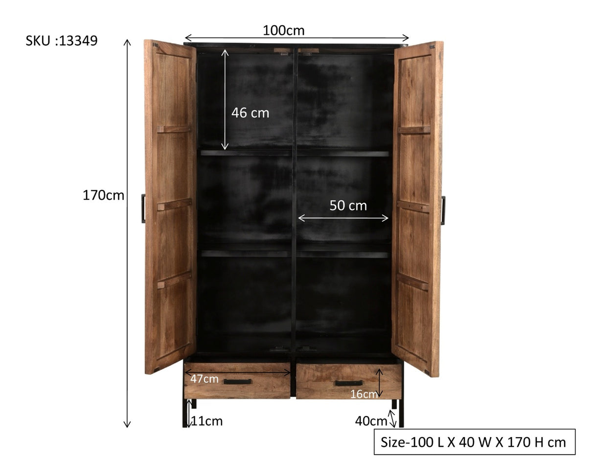 Bücherschrank Holz Metall, Aktenschrank schwarz Holz Industrie, Breite 100 cm