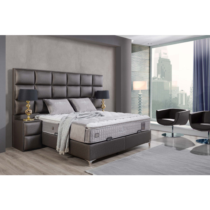 Gepolstertes Bett mit Matratze und Kopfteil, Bett anthrazit mit Kopfteil, Breite 180 cm