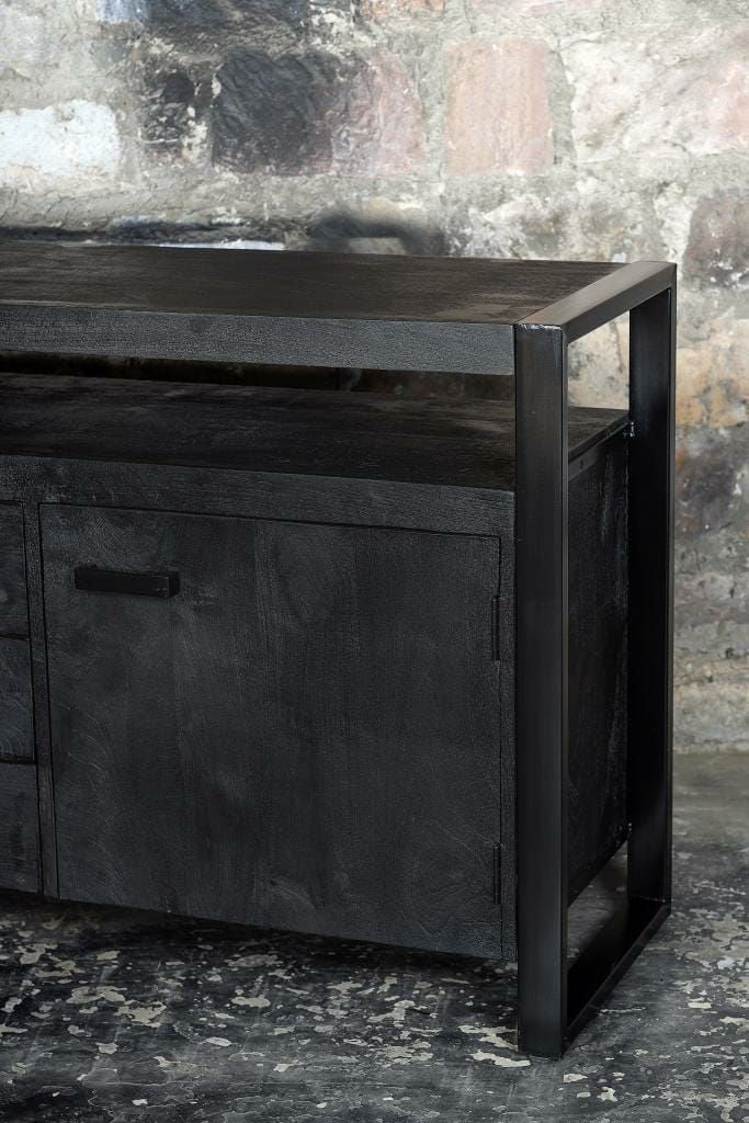 Sideboard schwarz mit Schubladen, Anrichte schwarz Industriedesign, Breite 180 cm