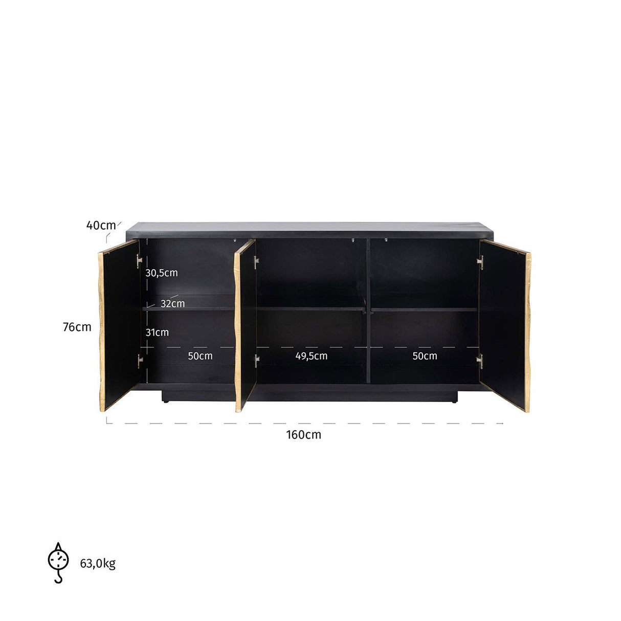 Sideboard Gold schwarz, Anrichte schwarz Gold, Breite 160 cm