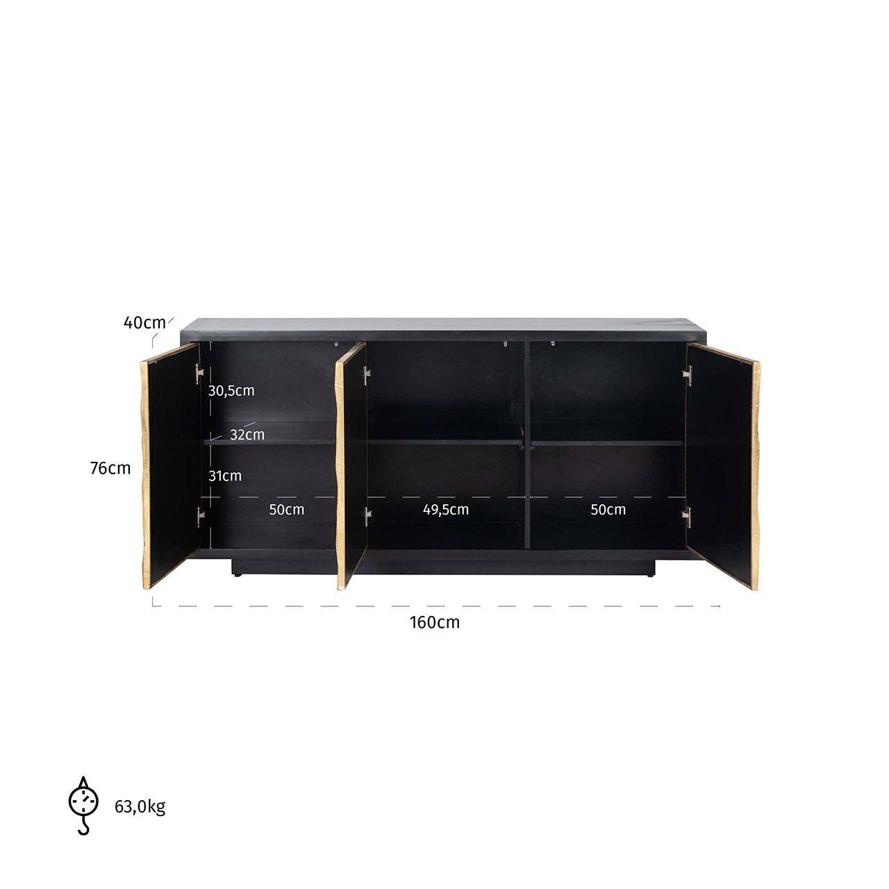 Sideboard Gold schwarz, Anrichte schwarz Gold, Breite 160 cm