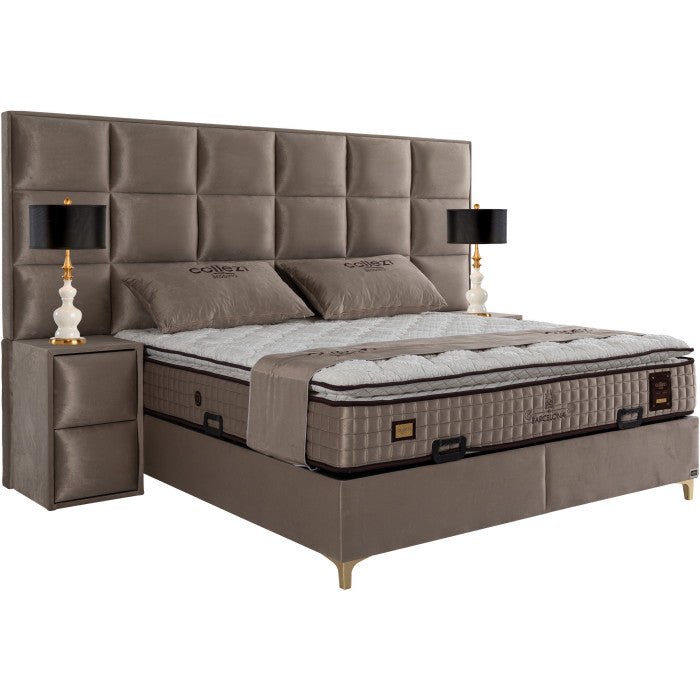 Gepolstertes Bett mit Matratze und Kopfteil, Bett taupe mit Kopfteil, Breite 180 cm