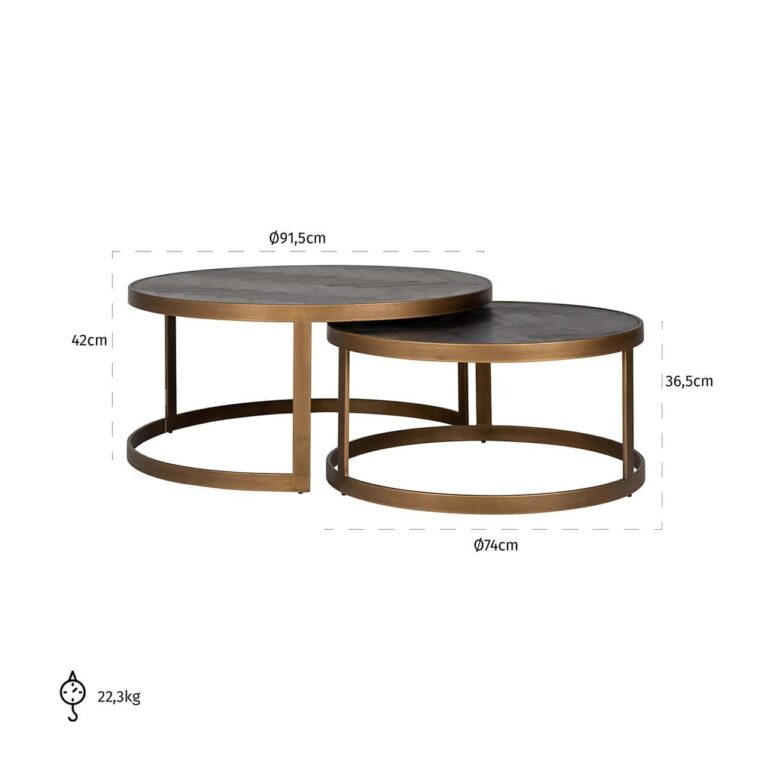 Couchtisch rund Gold, 2er Set goldener Couchtisch, runder Couchtisch Gold-braun, Durchmesser 90 cm