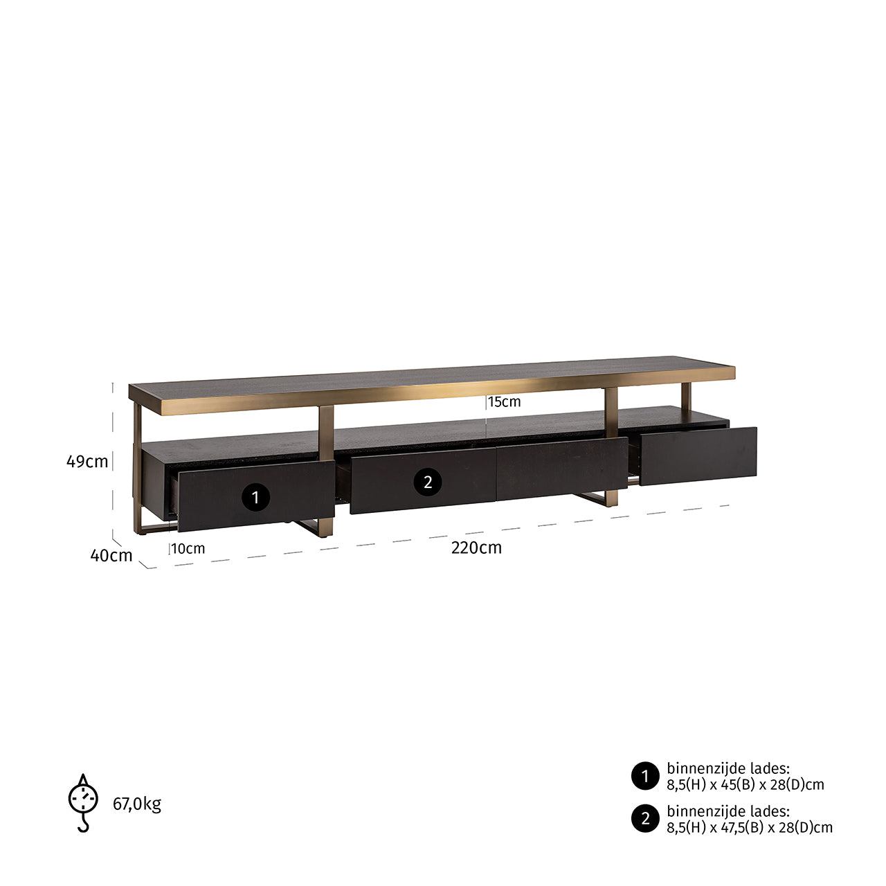 TV Regal schwarz-Gold, Fernseheregal Gold-schwarz, Lowboard Gold-schwarz, Breite 220 cm