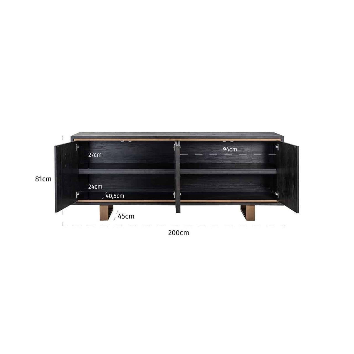 Sideboard schwarz-Bronze, Anrichte schwarz mit zwei Schubladen, Sideboard Eiche furniert schwarz, Breite 200 cm