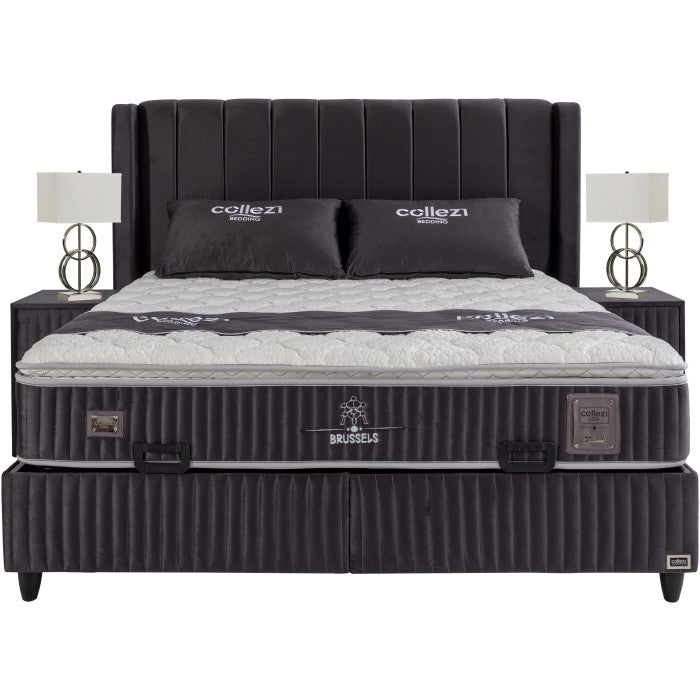 Gepolstertes Bett mit Matratze und Kopfteil, Bett grau mit Kopfteil, Breite 180 cm