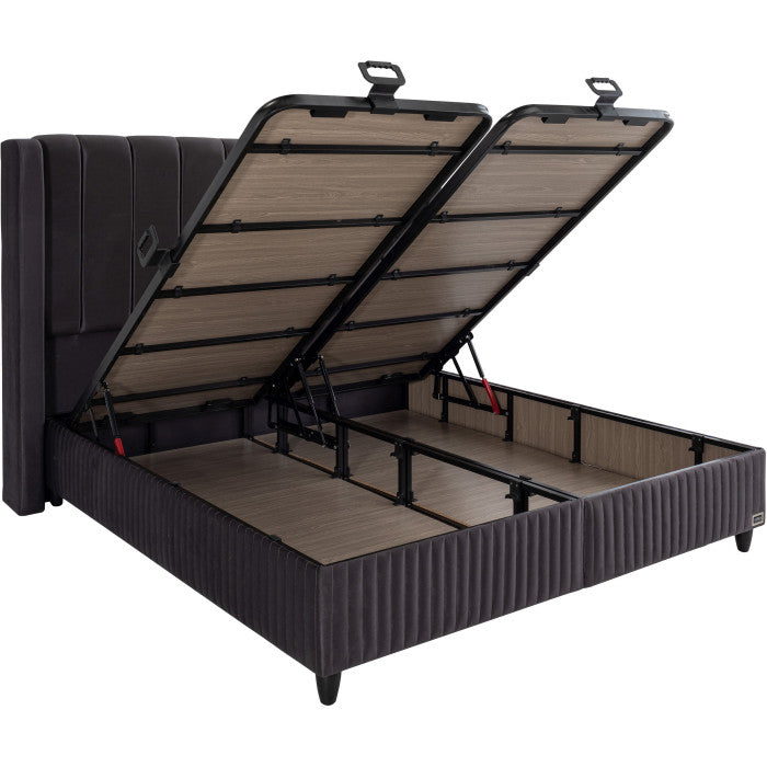 Gepolstertes Bett mit Matratze und Kopfteil, Bett grau mit Kopfteil, Breite 180 cm