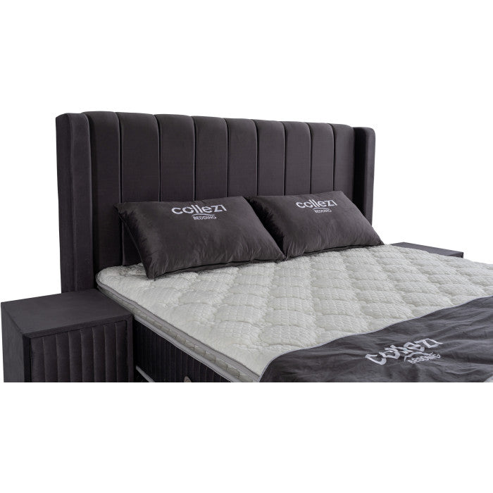 Gepolstertes Bett mit Matratze und Kopfteil, Bett grau mit Kopfteil, Breite 180 cm