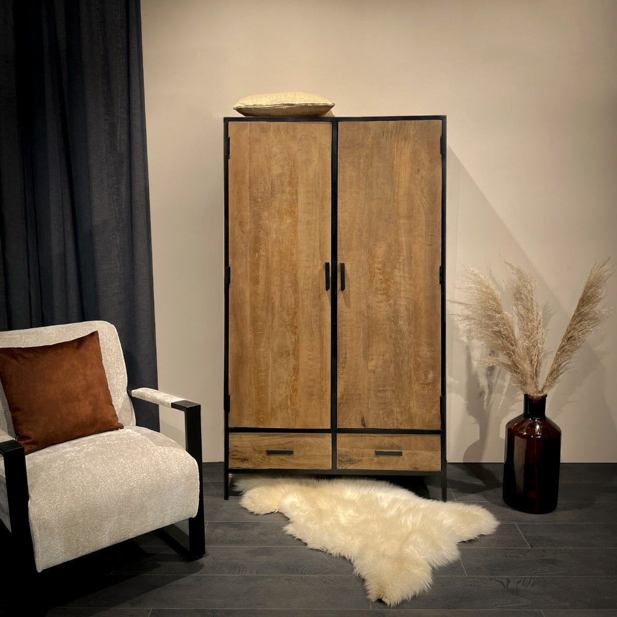 Bücherschrank Holz Metall, Aktenschrank schwarz Holz Industrie, Breite 100 cm