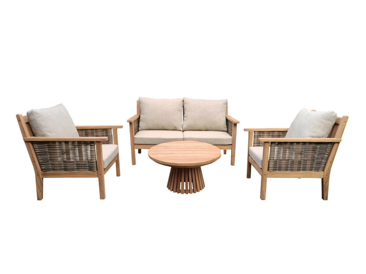 Garten-Sitzgarnitur Set Holz, Gartenbank mit zwei Sessel und Gartentisch rund, Gartenlounge Teak Naturholz