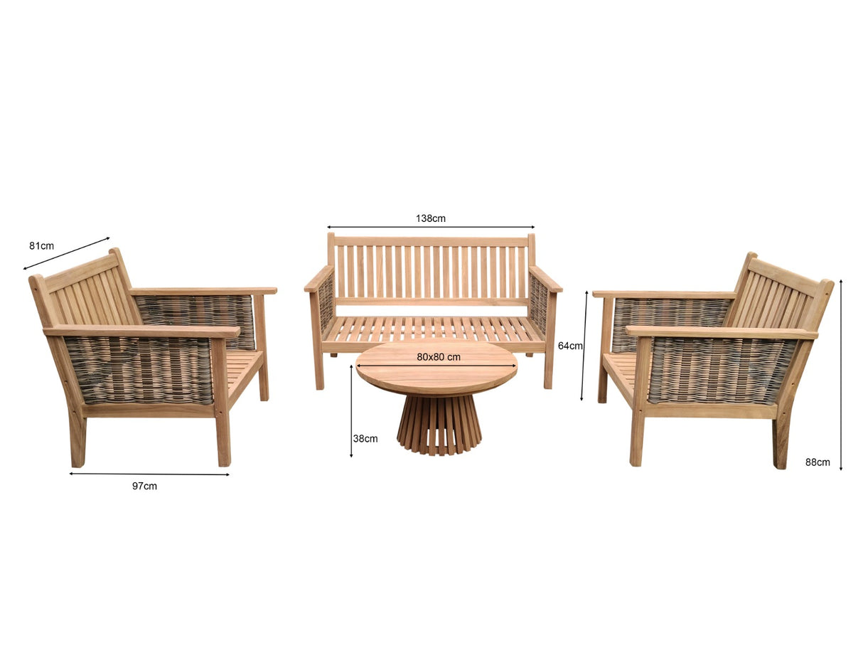 Garten-Sitzgarnitur Set Holz, Gartenbank mit zwei Sessel und Gartentisch rund, Gartenlounge Teak Naturholz