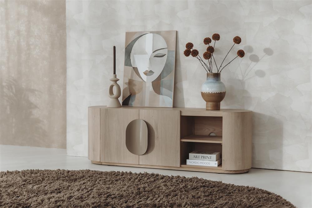 TV Schrank oval weiß-wash, Fernsehschrank oval Eiche furniert, Breite 150 cm