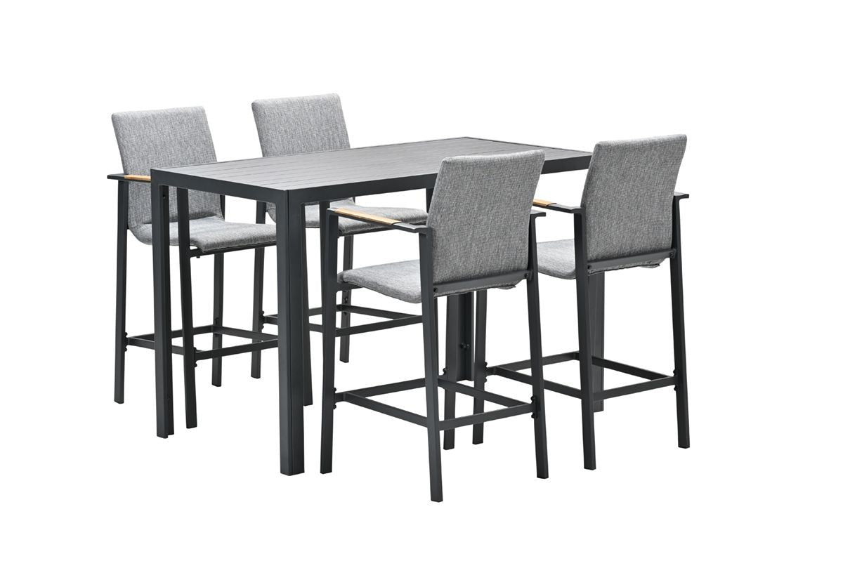 Gartenbartisch anthrazit-grau, 4er Set Gartentisch mit vier Barstühlen, Länge 145 cm