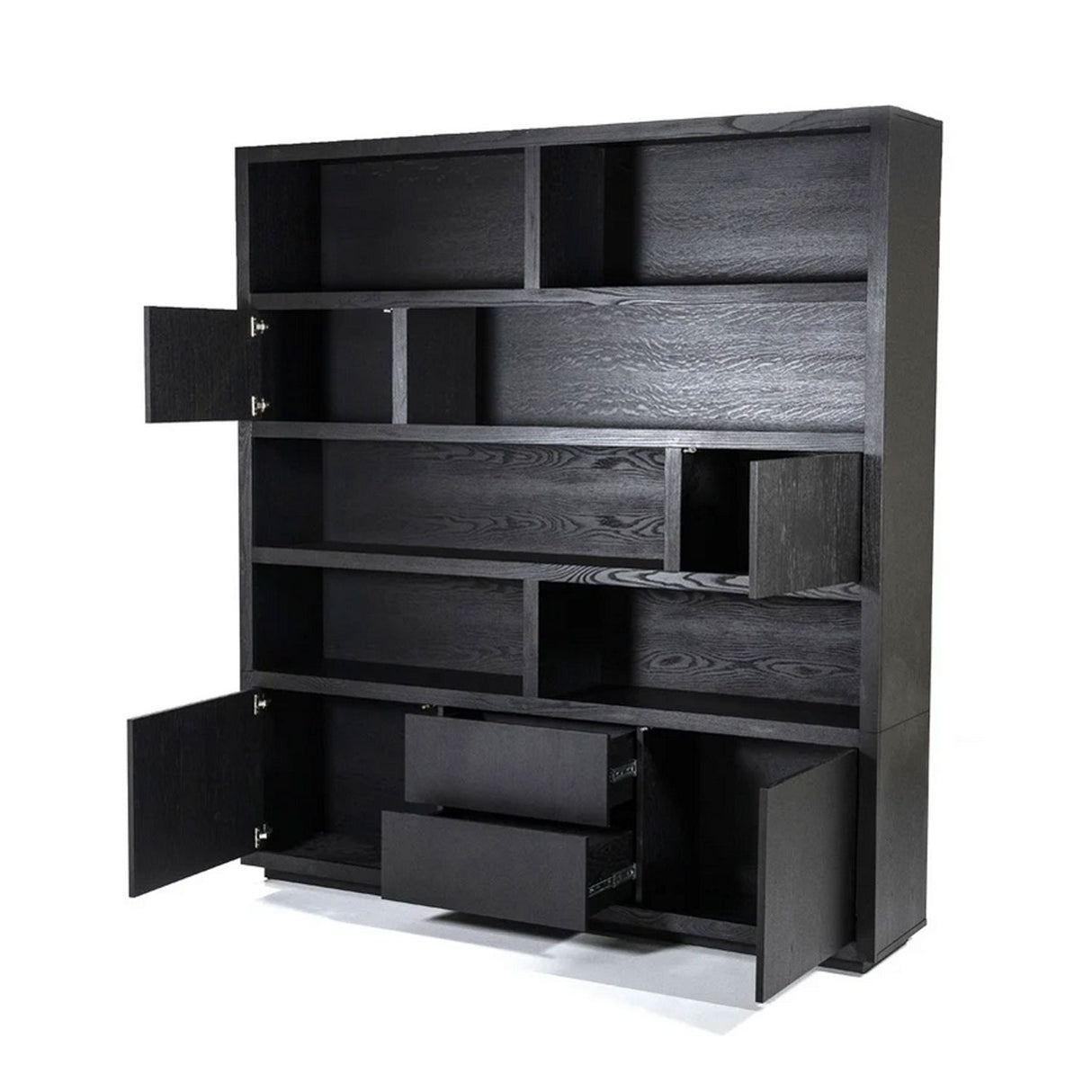 Schrank modern schwarz, Schrank schwarz mit vier Türen und zwei Schubladen, Wohnzimmerschrank schwarz Holz, Breite 200 cm