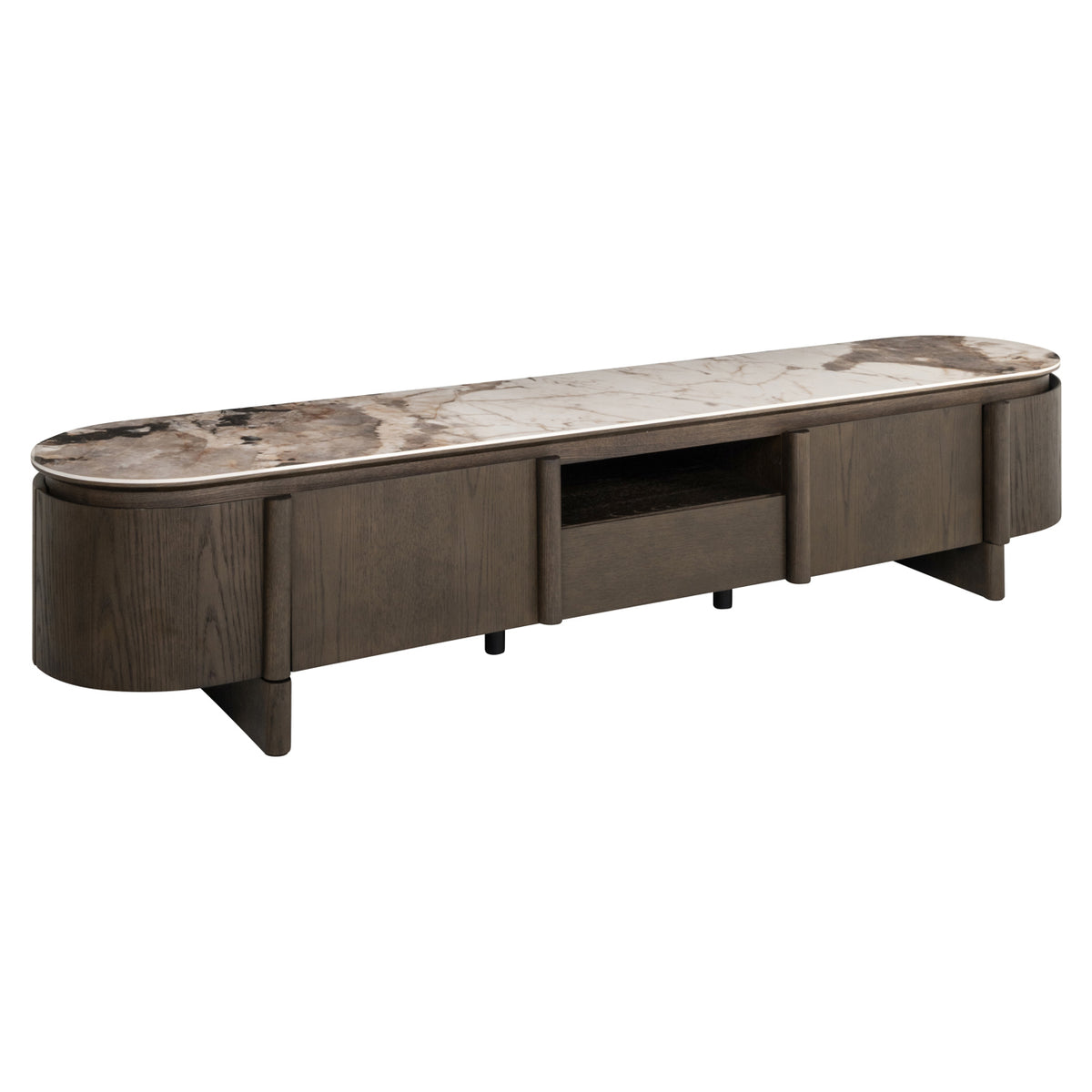 Fernsehschrank braun oval, TV Schrank Keramik braun, Lowboard braun, Breite 220 cm