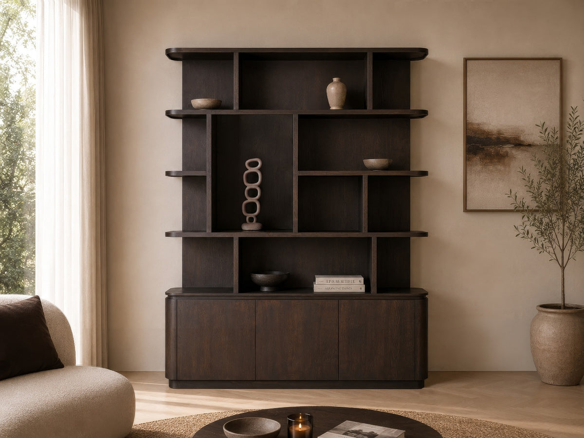 Bücherschrank braun, Regal braun, Wohnzimmerschrank braun Eiche furniert. Breite 170 cm