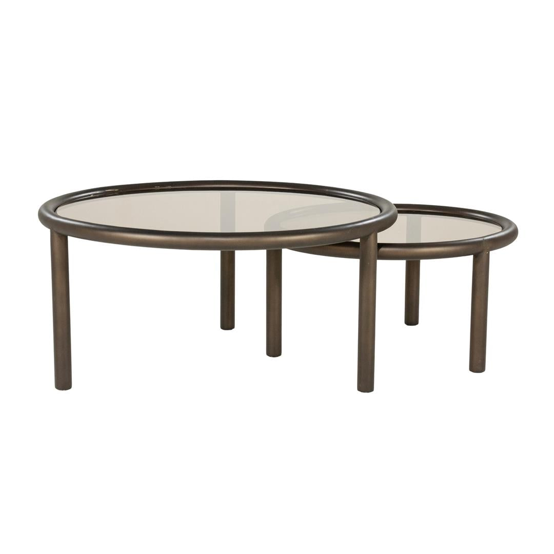 2er Set Couchtische rund braun, runder Couchtisch Glas-Metall, Durchmesser 60-80 cm