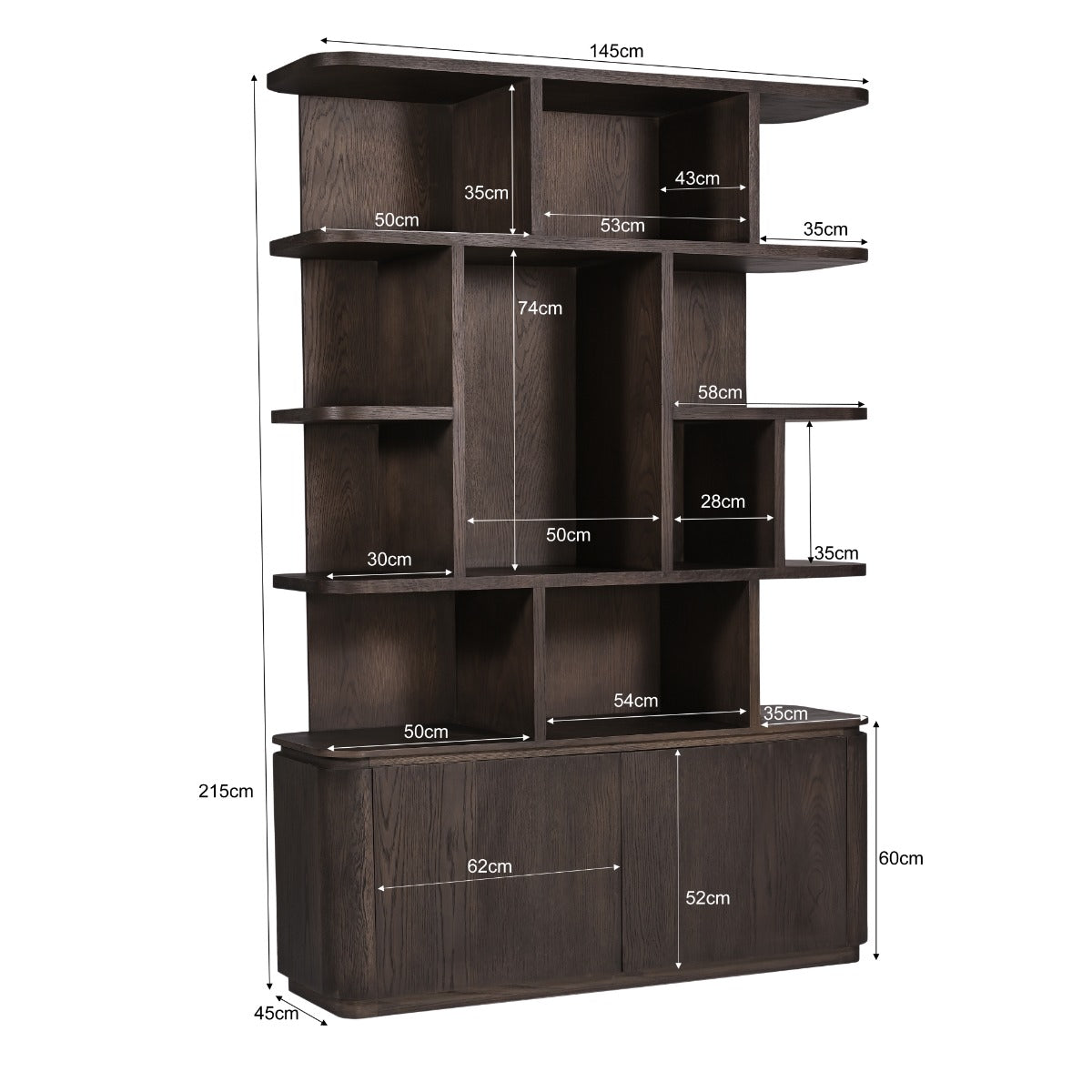 Bücherschrank braun, Regal braun, Wohnzimmerschrank braun Eiche furniert. Breite 145 cm