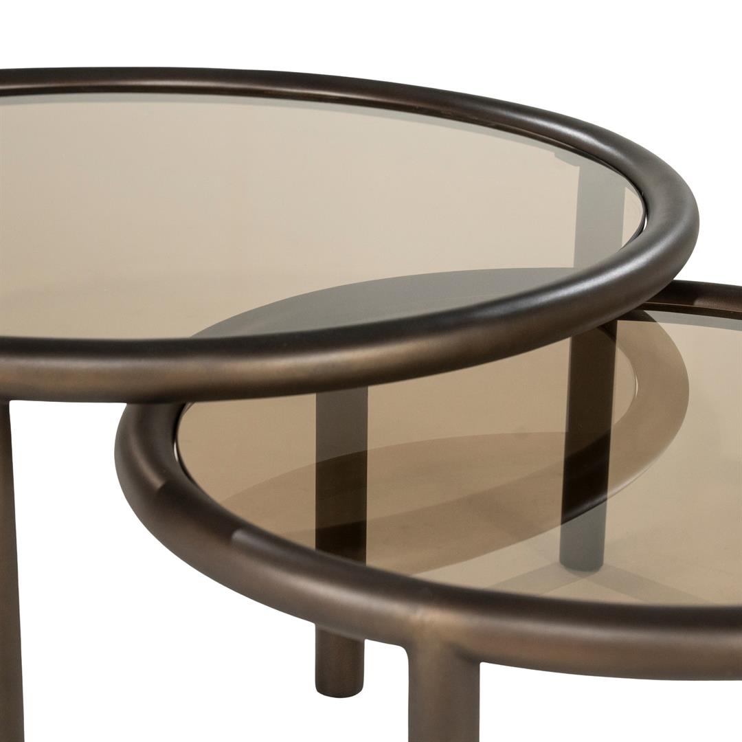 2er Set Couchtische rund braun, runder Couchtisch Glas-Metall, Durchmesser 60-80 cm