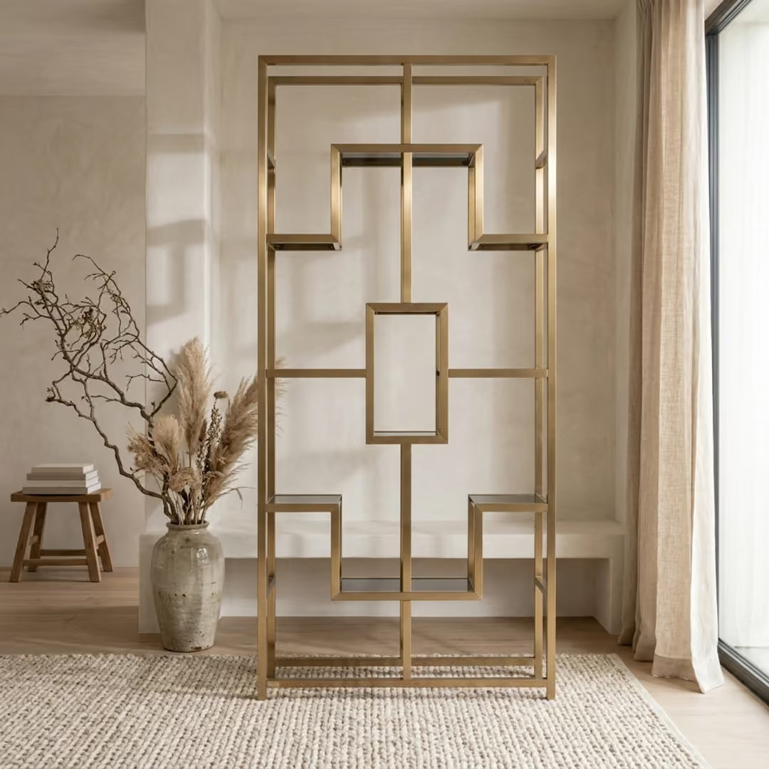 Regal Gold Metall, Metall-Glas Wandregal Gold, Bücherregal Gold, Höhe 230 cm