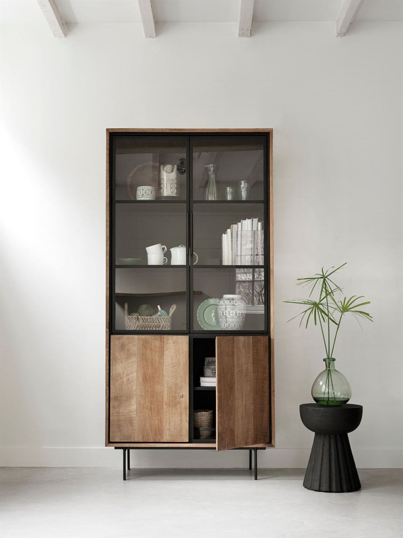 Solid wood display cabinet, display cabinet with metal doors, metal and wood crockery cabinet, width 140 cm
