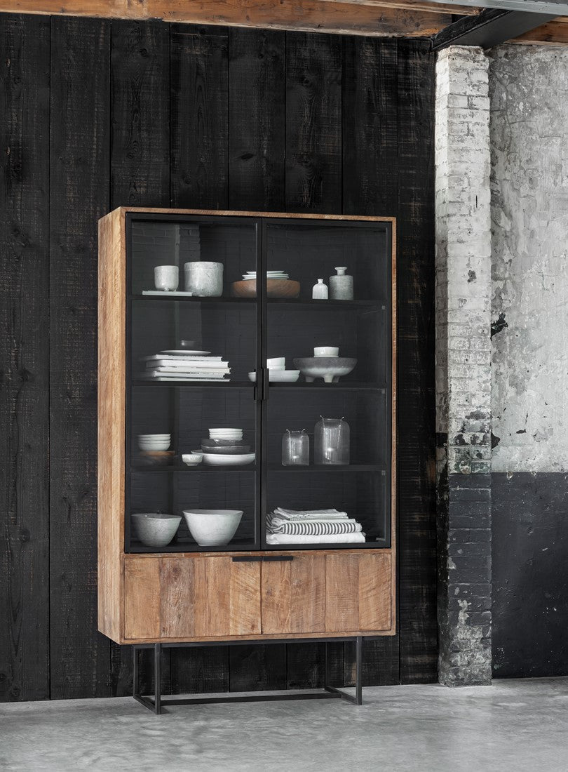 Vitrine Teak-Holz, Geschirrschrank Metall Holz, Breite 120 cm