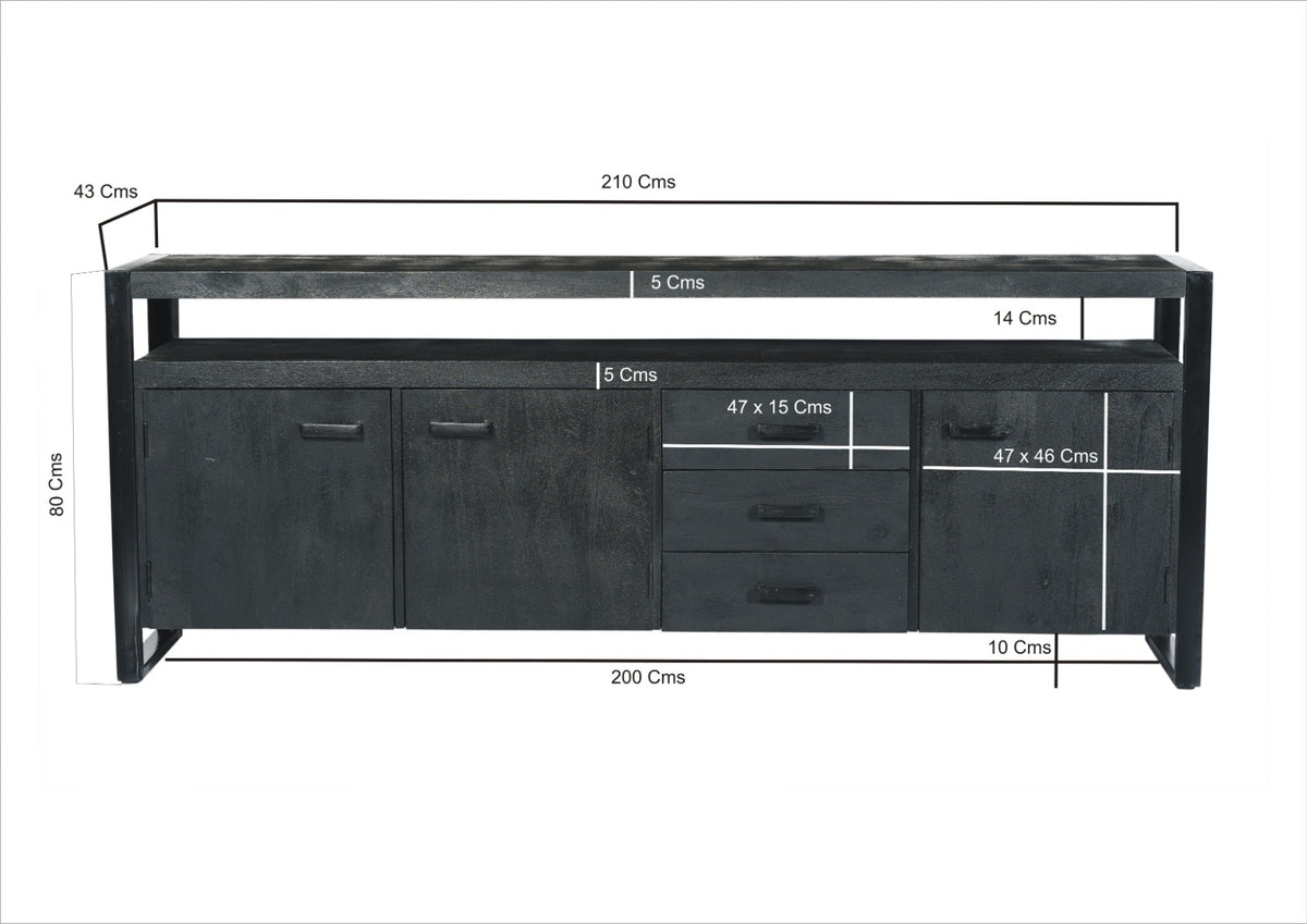 Black metal and wood sideboard, industrial design sideboard, black solid wood dresser, 180 cm wide
