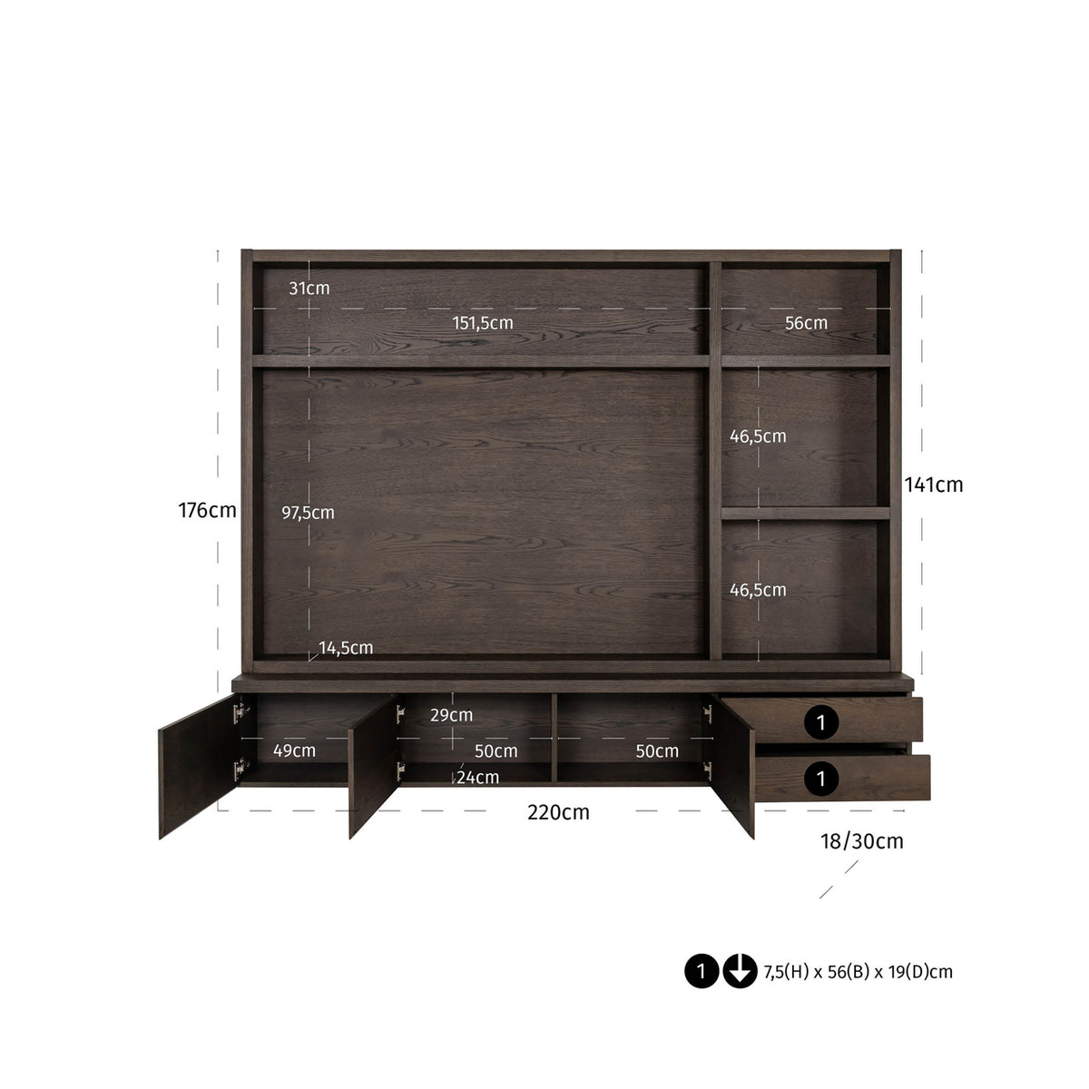 TV Schrank braun, Fernsehschrank braun, Fernsehwand Eiche furniert, Maße 220 x 176 cm