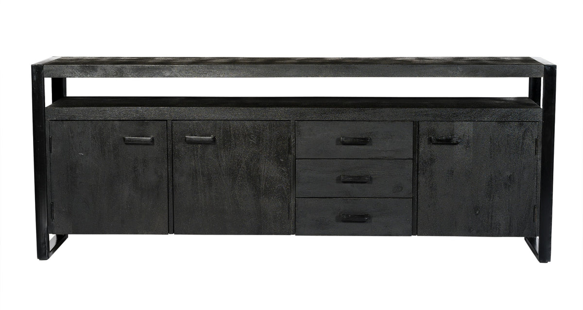 Black metal and wood sideboard, industrial design sideboard, black solid wood dresser, 180 cm wide