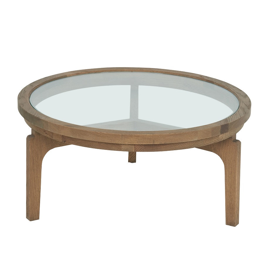 2er Set Couchtisch Holz-Glas rund, runder Couchtisch Glas-Holz, Durchmesser 80-100 cm