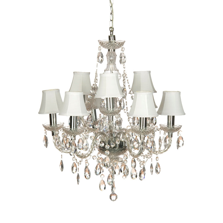 Klassischer Kronleuchter 9-armig, Kronleuchter mit weißen Lampenschirmen, Durchmesser 66 cm